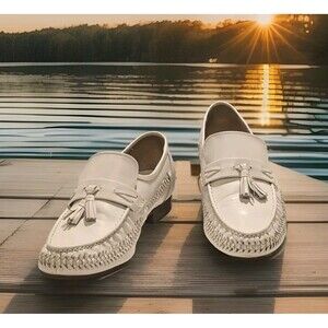 Men's TRAVELERS White Leather Tassel Detailed Woven Sides Loafers 11 D EUC